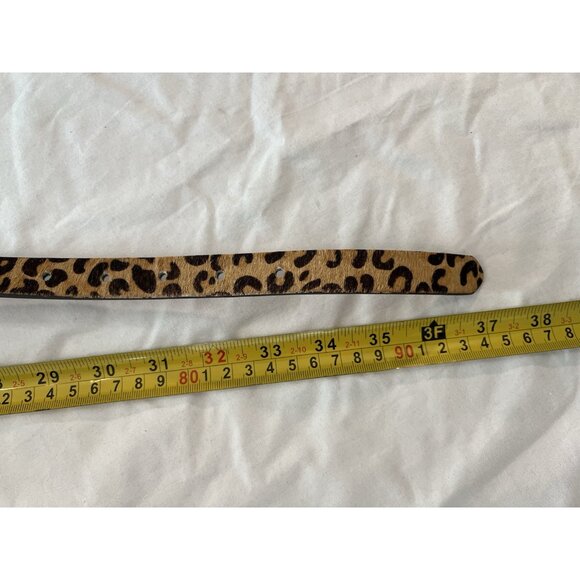 Leather & Calf Hair Belt Brass Leopard Print Buckle Tan Brown Sz S main image 6